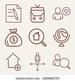 Set of 9 business outline icons such as leather bag outlined