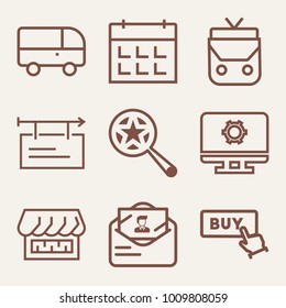 Set of 9 business outline icons such as shop with curtain front view outlined