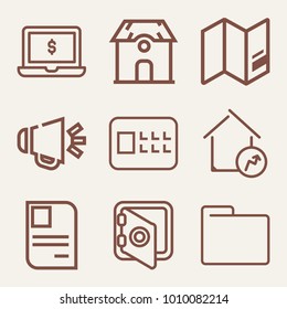 Set of 9 business outline icons such as laptop with price tag outlined