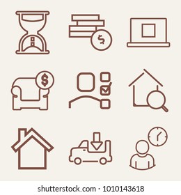 Set of 9 business outline icons such as lorry with open platform outlined