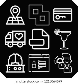 Set of 9 business outline icons such as cocktail, merge, map, file, brain, password, truck, key card
