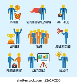 Set of 9 businessman web and mobile icons in flat design. Profit, super businessman, portfolio, winner, team, advertising, partnership, statistics, insight concept symbols.