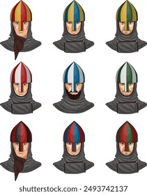 Set of 9 busts of Early Medieval European or Norman Lords, Knights or Crusaders in Chain Mail with Helmets, Isolated on White Background, EPS 10 Vector