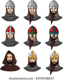 Set of 9 busts of Early Medieval European or Norman Lords, Knights or Crusaders and Clergymen in Chain Mail with Helmets, Isolated on White Background, EPS 10 Vector