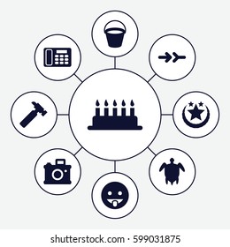  Set of 9 button filled icons such as bucket, hammer, showing tongue emot, desk phone, turtle  illsutration, arrow, star, cake