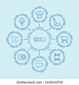 Set of 9 button outline icons such as car chassis, chair, movie camera, parachute, projector, camera, shopping cart, t shirt