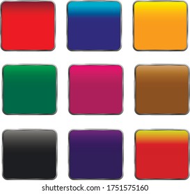 A set of 9 buttons in different colors for web design. Color red, blue, yellow, green, brown, dark blue, gray, pink.