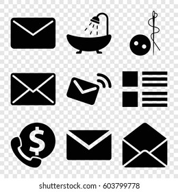 Set of 9 buttons filled icons such as needle button, shower, envelope, mail, menu