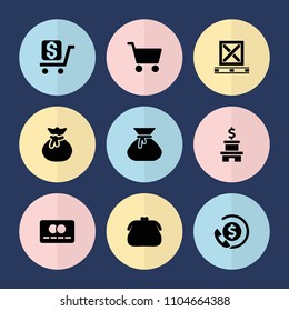 Set of 9 buy filled icons such as sack, purse, shopping cart, credit card, dollar, bank, bank support