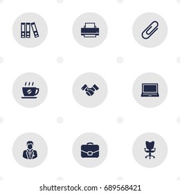 Set Of 9 Cabinet Icons Set.Collection Of Laptop, File Folder, Office Chair And Other Elements.
