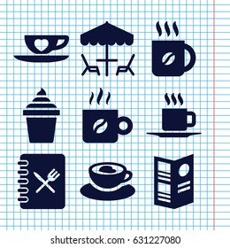 Set of 9 cafe filled icons such as coffee, ice cream in can, cup with heart, cup, menu