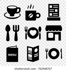 Set of 9 cafe filled icons such as plate fork and spoon, fork and spoon, coffee cup, plate with spoon and fork, shop, menu