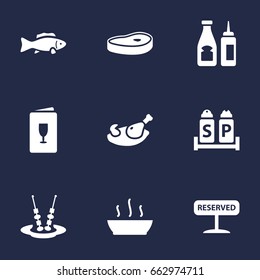 Set Of 9 Cafe Icons Set.Collection Of Condiments, Tuna, Alcohol And Other Elements.