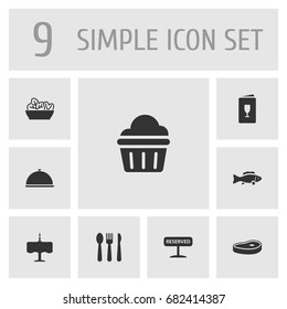 Set Of 9 Cafe Icons Set.Collection Of Meat, Tray, Silverware And Other Elements.