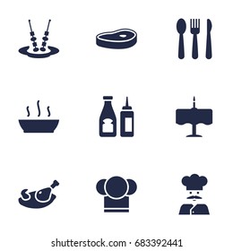 Set Of 9 Cafe Icons Set.Collection Of Silverware, Meat, Dinner Desk And Other Elements.