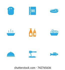 Set Of 9 Cafe Icons Set.Collection Of Book, Meat, Tuna And Other Elements.