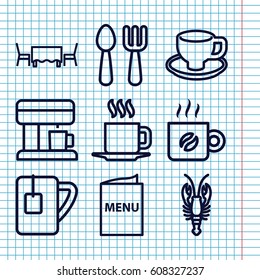 Set of 9 cafe outline icons such as crab, fork and spoon, coffee cup, tea cup, cup, menu, coffee, restaurant table