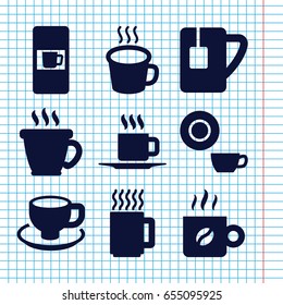 Set of 9 caffeine filled icons such as vending machine, coffee, dish, coffee cup, tea cup, cup