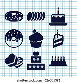 Set of 9 cake filled icons such as cake with one candle, donut, muffin, sweet box