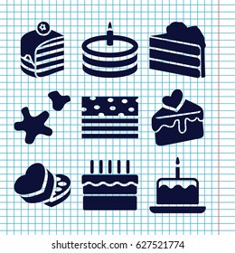 Set of 9 cake filled icons such as cake with one candle, sweet box