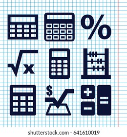 Set of 9 calculation filled icons such as calculator, mathematical square, calclator, percent, square root