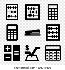 Set of 9 calculator filled icons such as calculator, abacus, mathematical square