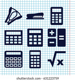 Set of 9 calculator filled icons such as calculator, stapler, calclator