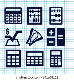 Set of 9 calculator filled icons such as calculator, mathematical square, abacus, stapler