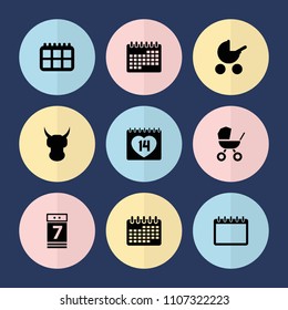 Set of 9 calendar filled icons such as baby stroller, 14 date, calendar 7 date, calendar