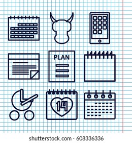 Set of 9 calendar outline icons such as baby stroller, calendar, 14 date, plan, calendar on phone