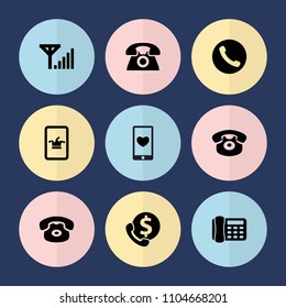 Set of 9 call filled icons such as poker on phone, desk phone, mobile signal, bank support, call