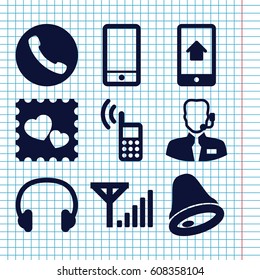 Set of 9 call filled icons such as photo with heart, phone, headset, home on phone display, help support, mobile signal, bell