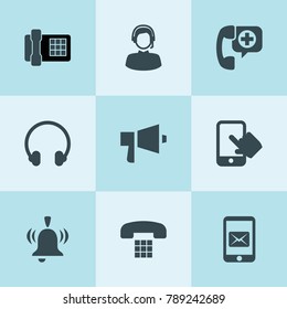 Set of 9 call filled icons such as phone, headphones, desk phone, megaphone, message, call ambulance, customer care