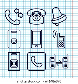 Set of 9 call outline icons such as bell, call, connected phone, door ringer, desk phone, phone