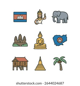 Conjunto de 9 ícones cambojanos, bandeira e símbolos nacionais. Ilustração em estilo simples de desenho animado.