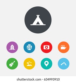 Set Of 9 Camping Icons Set.Collection Of Jackknife, Inflatable Raft, Acoustic And Other Elements.