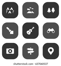 Set Of 9 Camping Icons Set.Collection Of First Aid Box, Tree, Location And Other Elements.