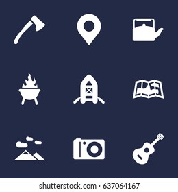 Set Of 9 Camping Icons Set.Collection Of Photo Camera, Map, Inflatable Raft And Other Elements.