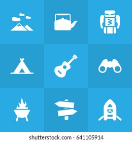 Set Of 9 Camping Icons Set.Collection Of Landscape , Acoustic, Tent Elements.