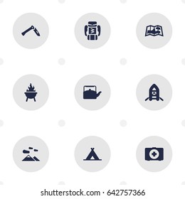 Set Of 9 Camping Icons Set.Collection Of First Aid Box, Tent, Jackknife And Other Elements.