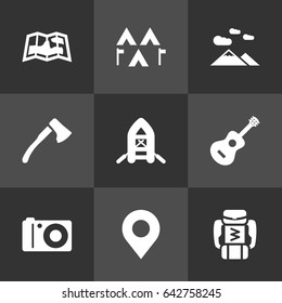 Set Of 9 Camping Icons Set.Collection Of Map, Backpack, Photo Camera And Other Elements.