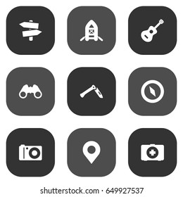 Set Of 9 Camping Icons Set.Collection Of Location, Magnet Navigatior, Acoustic And Other Elements.