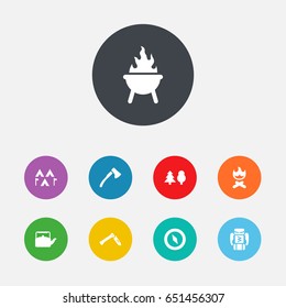 Set Of 9 Camping Icons Set.Collection Of Tree, Bbq, Wood Axe And Other Elements.