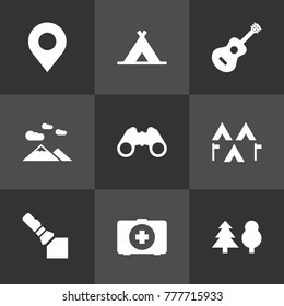 Set Of 9 Camping Icons Set.Collection Of Acoustic, Optical Zoom, Flashlight And Other Elements.