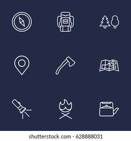 Set Of 9 Camping Outline Icons Set.Collection Of Baggage, Pocket Torch, Bonfire And Other Elements.