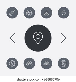 Set Of 9 Camping Outline Icons Set.Collection Of Place Pointer, Binoculars, Baggage And Other Elements.