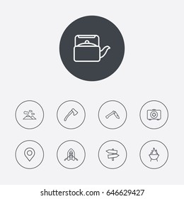 Set Of 9 Camping Outline Icons Set.Collection Of Medical Kit, Penknife, Ax And Other Elements.