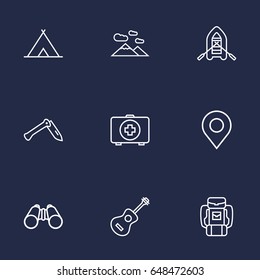 Set Of 9 Camping Outline Icons Set.Collection Of Mountains, Shelter, Binoculars And Other Elements.