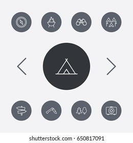 Set Of 9 Camping Outline Icons Set.Collection Of Guidepost, Encampment, Shelter And Other Elements.