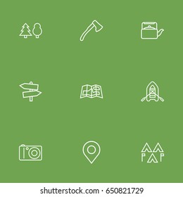 Set Of 9 Camping Outline Icons Set.Collection Of Encampment, Forest, Guidepost And Other Elements.